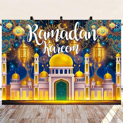 Ramadan Kareem Backdrop Banner Ramadan Mubarak Decorations Backdrop Eid Mubarak Photography Background for Muslim Al Fitr Party Decor Supplies (7x5FT（210x150cm）)