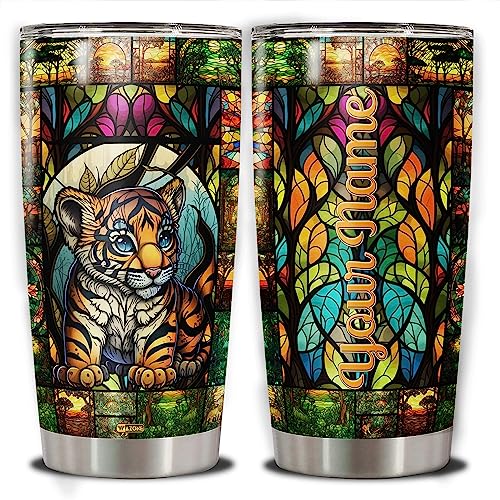 WAZONE Personalized With Name Tiger Tumbler 20oz 30oz Wildlife Colorful Print Style Cute Stuff Stainless Steel Insulated Cup Animal Themed Gifts For Men Women Tigers Lover Coffee Travel Mug - color: Tiger