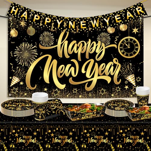 KatchOn, New Years Eve Plates and Napkins Set - Serve 25 Guest | Gold Fringe Curtain Backdrop, Happy New Year Banner | Gold Backdrop, New Years Plates and Napkins and Cups, Happy New Year Decorations
