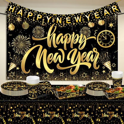 KatchOn, New Years Eve Plates and Napkins Set - Serve 25 Guest | Gold Fringe Curtain Backdrop, Happy New Year Banner | Gold Backdrop, New Years Plates and Napkins and Cups, Happy New Year Decorations