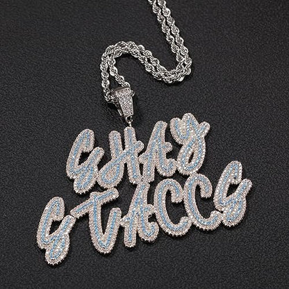 Lulu Mel Iced Out Personalized Cursive Name Necklace For Trendy Women, Custom Handmade Nameplate Pendant With Cuban Link Chain, White Gold Plated Hip Hop CZ Diamond Jewelry Gifts - color: Silver&Blue