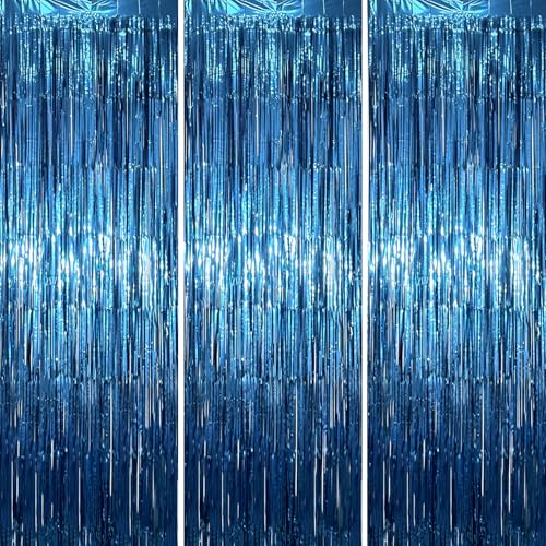 Voircoloria Retro Blue Foil Fringe Backdrop Curtains, 3.3x6.6ft, 3pcs - color: Retro Blue