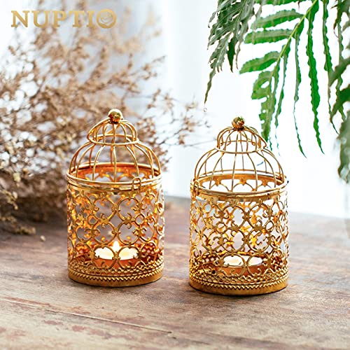NUPTIO Hanging Birdcage Lantern Tealight, 2 Pcs Small Gold Candle Holders - color: Gold, size: 2Pcs