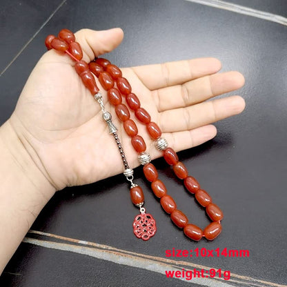 ALBASHAN Tasbih Natural 5A Red Agates with Red pendant Islam Muslim bracelet 33 45 66 51 99 100prayer beads stone Rosary - size: 10*14mmx45beads