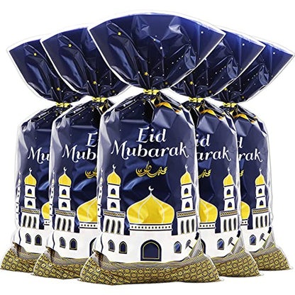 2026 Eid Mubarak Goodie Bags, 100 Pieces Muslim Castle Moon Star Pattern Ramadan Treat Bags Cellophane Bags Goody Favor Bags with Gold Twist Ties for Muslim Islamic Eid Iftar Diwali Party Kids Gifts - color: Blue