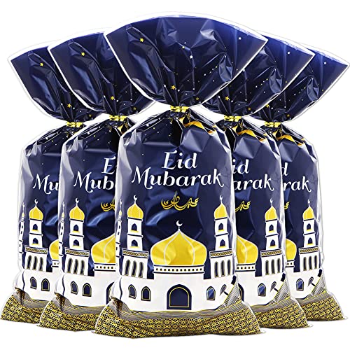2026 Eid Mubarak Goodie Bags, 100 Pieces Muslim Castle Moon Star Pattern Ramadan Treat Bags Cellophane Bags Goody Favor Bags with Gold Twist Ties for Muslim Islamic Eid Iftar Diwali Party Kids Gifts - color: Blue