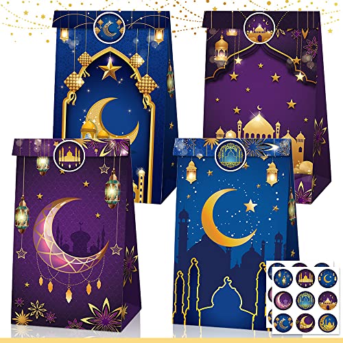 12pcs Eid Mubarak Paper Bags with Stickers, Muslim Ramadan Gift Bags Eid Al Adha Party Goodie Bags Paper for Muslim Eid Mubarak Decorations Islamic Muslim Candy Bags for Ramadan Party
