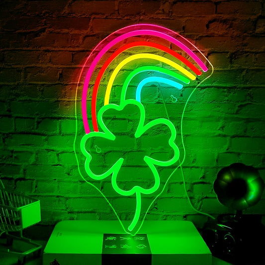 St Patricks Day Neon Sign St. Patrick's Day Neon Signs for Wall Decor Rainbow Clover Light Up Sign for Bedroom Living Room Wall Art Happy St. Patrick's Day Decoration - color: Rainbow Clover