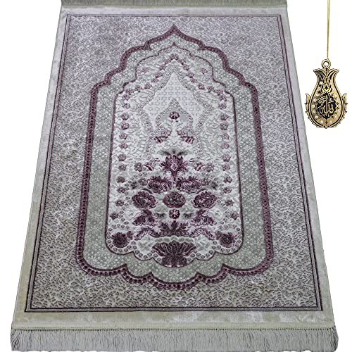 Modefa Turkish Islamic Velvet Prayer Rug - Prayer Mat Carpet for Men and Women - Traditional Muslim Janamaz Sajada - Ramadan or Eid Gift - with Car Hanger - Luxury Winter Rose (Pink/Gray) - color: Pink / Gray