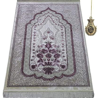 Modefa Turkish Islamic Velvet Prayer Rug - Prayer Mat Carpet for Men and Women - Traditional Muslim Janamaz Sajada - Ramadan or Eid Gift - with Car Hanger - Luxury Winter Rose (Pink/Gray) - color: Pink / Gray