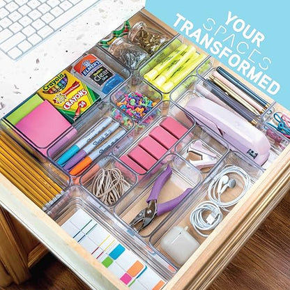 primebox Plastic Clear Acrylic Drawer Organizers. Bathroom, Kitchen, Bedroom, Utensils, Office Organizer Bins, Storage Trays. Heavy Duty, Stackable. 15" x 6" x 2" Set of 6 - size: 15" x 6" x 2"