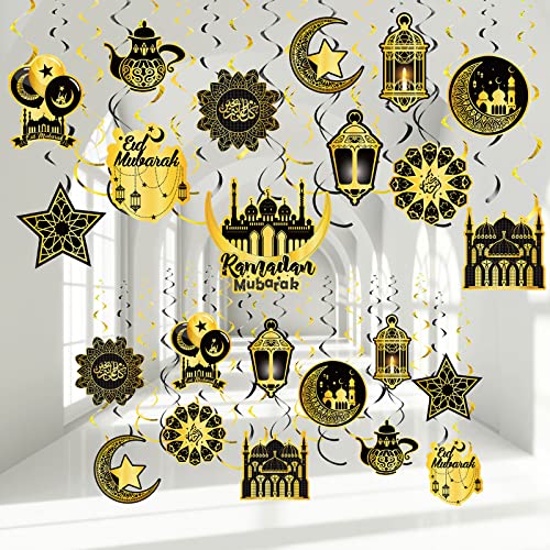 Zonon 30 Pieces Eid Ramadan Mubarak Decorations for Home Hanging Swirl Streams Ceiling Decor Star Moon Lantern Shining Foil Decor for Eid Al-fitr Party Egyptian Supplies(Black and Gold) - color: Black and Gold
