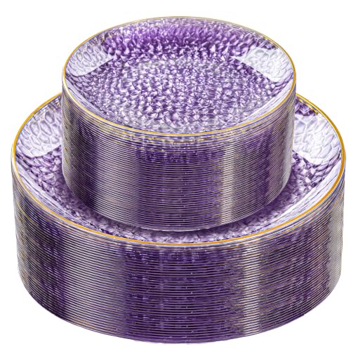 Rubtlamp 60Pcs Clear Purple Gold Plastic Plates, Purple Disposable Plates With Gold Rim, Hammered Plastic Plates Include 30 Clear Dessert Plates, 30 Dinner Plates for Party - color: Clear Purple Gold
