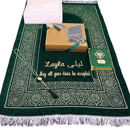 IEF Personalized Wedding Gifts Prayer Mat, Eid Gifts Quran Prayer Beads Set Birthday Gifts for Women Mother's Day Gifts Anniversary Gift Chenille Prayer Rug Pearl Prayer Beads Arabic Quran (Green) - color: Green