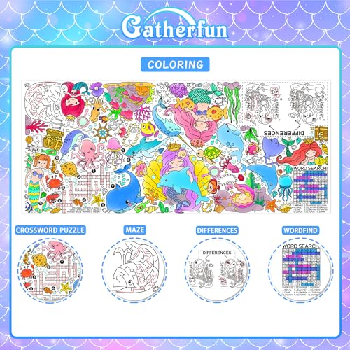 Gatherfun 인어 파티 자이언트 컬러링 포스터 - 80.9 x 182.9cm(31.5 x 72인치) - 다용도 교실 벽 장식 및 생일 활동 - 학교 파티 및 특별 이벤트를 위한 인어 포스터 또는 테이블 - style: 인어