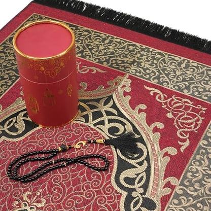 Modefa Islamic Gifts Prayer Mat | Thin Woven Praying Mat Muslim Prayer Rug | Muslim Gifts for Men Ramadan Gifts with Tesbih Prayer Beads | Ottoman Rug with Cylinder Gift Box Set Ramadan (Red) - color: Red