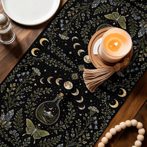 Whimsical Lunar Table Runner Butterfly Floral Moonphases Quartzcrystals Black 13x48 Inches Long Cotton Linen Table Runner Burlap Style for Dinner Table Party Decor Tabletop Decorations - size: 13" x 48"