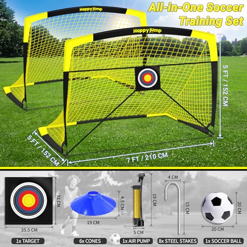 Happy Jump 7x5 FT & 5x3.6 FT Portable Soccer Goal for Youth Players Ages 6–14, Large-Frame Design Built for Long-Term Development, Easy Setup for Backyard, Park or School Training - style: 7x5–2 Goals+Accessories