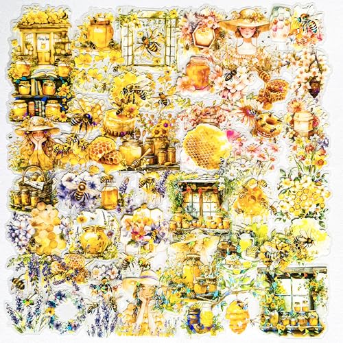 60-Piece Holographic Bee Insect Garden Girls Aesthetic Stickers – Clear Honeybee, Floral, Honeycomb Scrapbooking Stickers for Journaling, Resin Art, Laptops, Test Tube Vase Decoration - color: Bee Garden