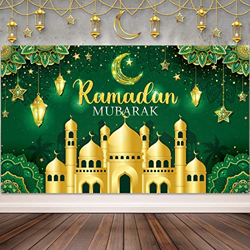 Boyiee Ramadan Mubarak Decorations Backdrop Banner Muslim Ramadan Kareem Background Eid Mubarak Sign Photo Booth Backdrop Background for Home Muslim Eid Al Fitr Party Supplies(Green) - color: Green
