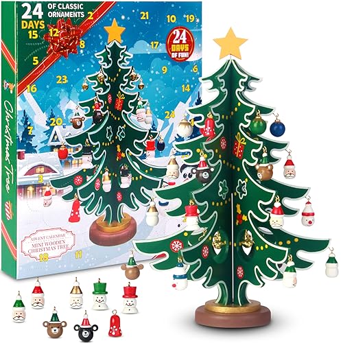 Christmas Advent Calendar with a Tabletop Wooden Christmas Tree and 30 Christmas Ornaments, 24 Days Countdown Christmas Tree Advent Calendar Set, Christmas Gift Xmas Party Supplies for Kids