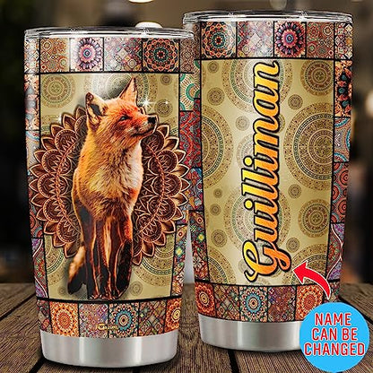 WAZONE Personalized Mandala Fox Tumbler Stainless Steel Insulated Vacuum With Lid Coffee Travel Mug 20oz 30oz Birthday Christmas Cup Customized Name Gifts For Animal Lovers Women Girl Stuff - color: Fox