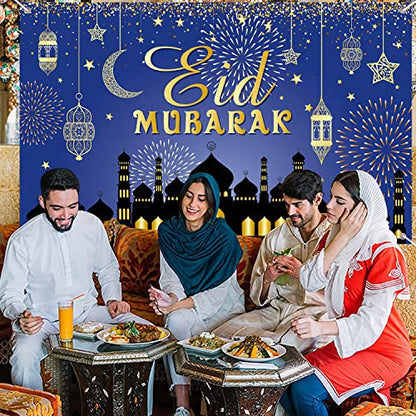Large Eid Mubarak Party Decorations, Blue and Gold Ramadan Mubarak Backdrop Banner, Muslim Ramadan Banner Photo Booth Backdrop for Eid Mubarak Indoor and Outdoor Home Decor