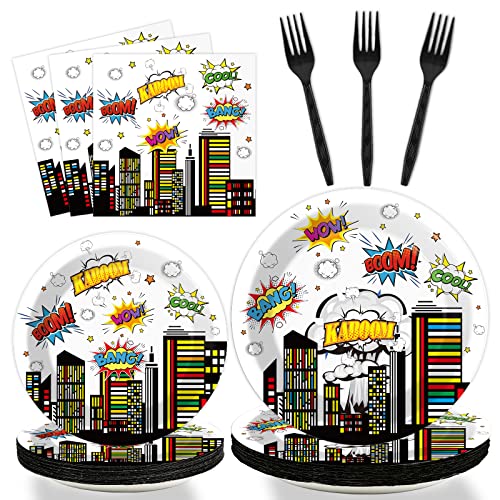 96 PCS Super Theme Hero Party Plates Napkins Hero Themed Party Tableware Hero Action Sign Disposable Paper Plates Napkins Happy Birthday Party Decorations Supplies Favors for 24 Guests - style: Hero