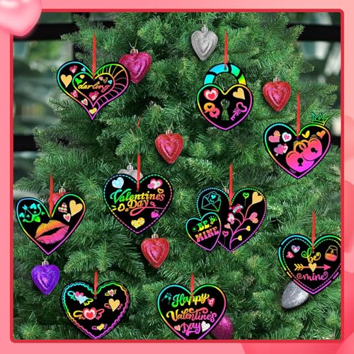 FEBSNOW 48Pcs Valentines Crafts for Kid Heart Rainbow Scratch Paper Art Set | School Classroom Valentines Day Activities, Kids DIY Craft Projects, Magic Hanging Scratch Ornaments, Holiday Party Favors - style: Valentines