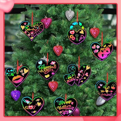 FEBSNOW 48Pcs Valentines Crafts for Kid Heart Rainbow Scratch Paper Art Set | School Classroom Valentines Day Activities, Kids DIY Craft Projects, Magic Hanging Scratch Ornaments, Holiday Party Favors - style: Valentines