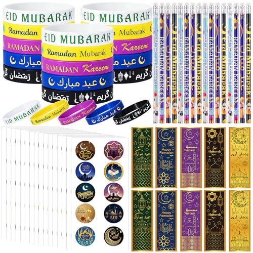 Resurhang 400 Pcs Eid Ramadan Mubarak Pencils Wristbands Stickers Bookmarks Set Ramadan Party Favors for Mubarak Islamic Muslim Party Decorations School Classroom Gifts Supplies