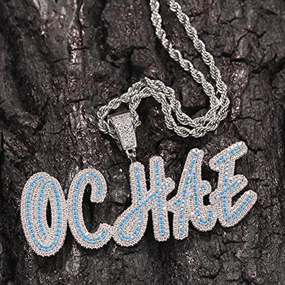 Lulu Mel Iced Out Personalized Cursive Name Necklace For Trendy Women, Custom Handmade Nameplate Pendant With Cuban Link Chain, White Gold Plated Hip Hop CZ Diamond Jewelry Gifts - color: Silver&Blue