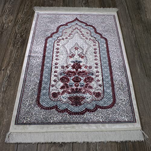 Modefa Turkish Islamic Velvet Prayer Rug - Prayer Mat Carpet for Men and Women - Traditional Muslim Janamaz Sajada - Ramadan or Eid Gift - with Car Hanger - Luxury Winter Rose (Blue/Red) - color: Blue / Red