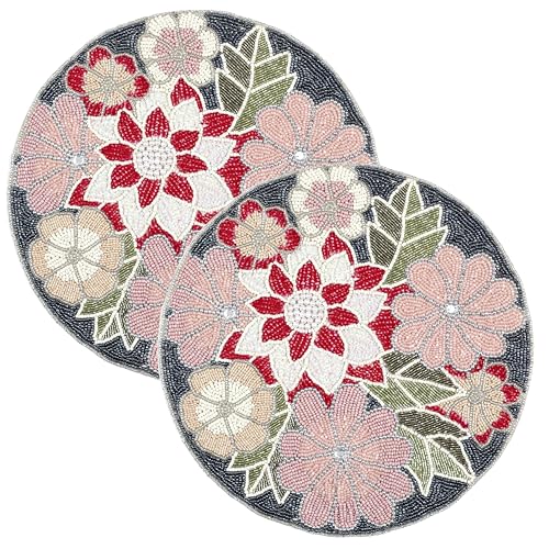 Beaded Placemats for Dining Table Flower Design Red Multi Set of 2- Measure 13 Inches Beaded Placemats Round for Gathering, Christmas, Thanksgiving - Occasional Decoration - color: Red Green Multi, size: 13"x13"