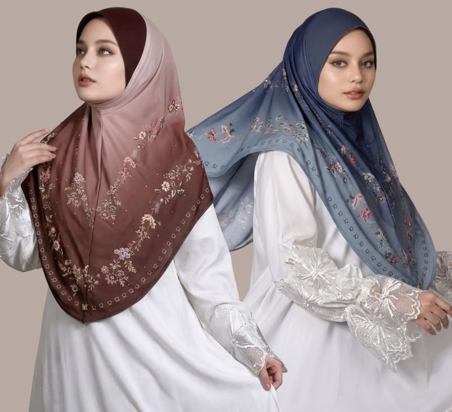 Instant Hijab For Women Ready To Wear Printed Floral Ombre Hijabs Islamic Abaya Turban Muslim Slip-On Khimar Hijab - color: 2# Mocha Brown
