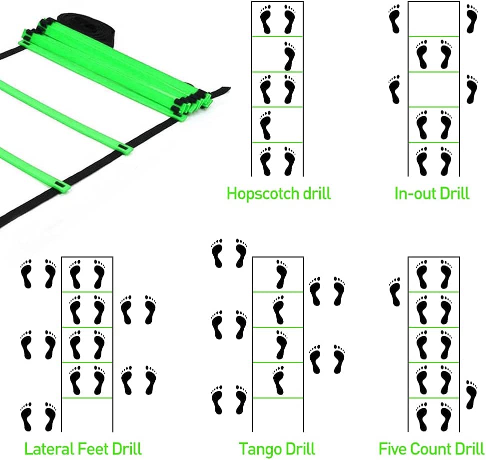 Speed & Agility Ladder Training Equipment Set, Includes 12 Rung 20ft Agility Ladder, 4 Agility Hurdles,12 Disc Cones, 1 Resistance Parachute for Training Football Soccer Basketball Athletes - color: green