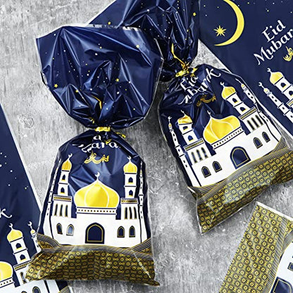 2026 Eid Mubarak Goodie Bags, 100 Pieces Muslim Castle Moon Star Pattern Ramadan Treat Bags Cellophane Bags Goody Favor Bags with Gold Twist Ties for Muslim Islamic Eid Iftar Diwali Party Kids Gifts - color: Blue