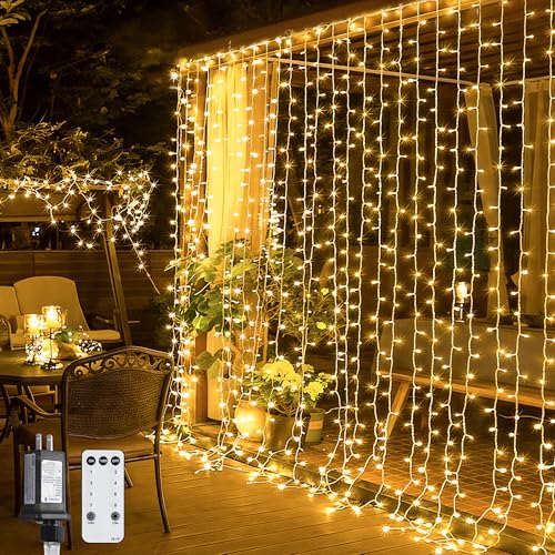 JMEXSUSS 300 LED Remote Control Curtain Lights, Plug in Fairy Curtain Lights Outdoor, Window Wall Hanging String Lights for Bedroom Indoor Dorm Backdrop Wedding Party Patio Christmas Decor, Warm White - color: *Warm White, size: 300 LED