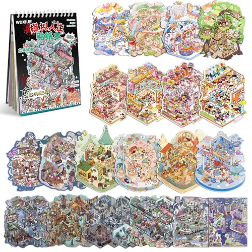 Scene Sticker – 20 Sets of DIY 3D House Scenes Cute Cartoon Stickers Kit for Kids & Adults – Fun Sticker Therapy Activity for Stress Relief, Crafts & Gifts (Black - 20 Set) - color: Black - 20 Set