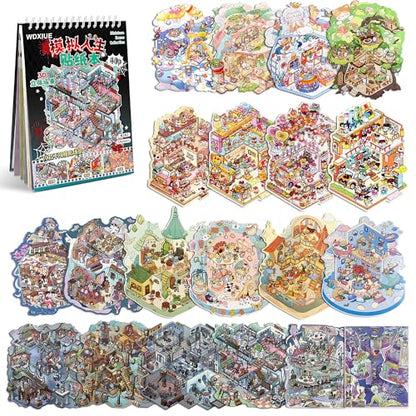 Scene Sticker – 20 Sets of DIY 3D House Scenes Cute Cartoon Stickers Kit for Kids & Adults – Fun Sticker Therapy Activity for Stress Relief, Crafts & Gifts (Black - 20 Set) - color: Black - 20 Set