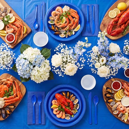Tinybee 352 Pcs Blue Plastic Plates, Disposable Dinnerware Set for 50 - color: Dark Blue