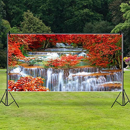 AOFOTO 20x10ft Falls Backdrop Cascades Photography Background Waterfall Nature Landscape Travel Adult Man Artistic Portrait Autumn Red Leaves Scenic Photo Shoot Studio Props Video Drop Wallpaper Drape - size: 20x10ft