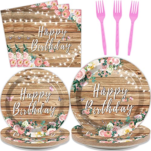 96PCS Spring Floral Birthday Party Plates Wood Grain Pink Flower Rustic Tableware Set for Girls Kids Bridal Shower Party Supplies Wooden Birthday Paper Plates Napkins Decorations for 24 Guests - style: Pink Floral