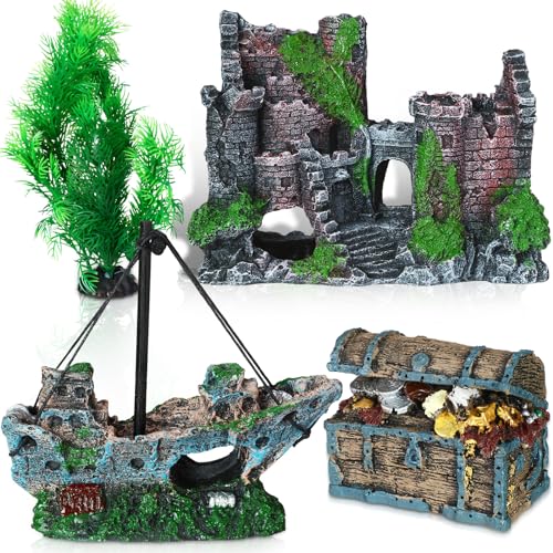 Aquarium Decorations Large Kit Resin Sunken Shipwreck | Undersea Treasure Chest, Ancient Castle Ruins Tunnel House, Simulated Artificial Water Plants, Fish Shrimp Cave Hide, Safe