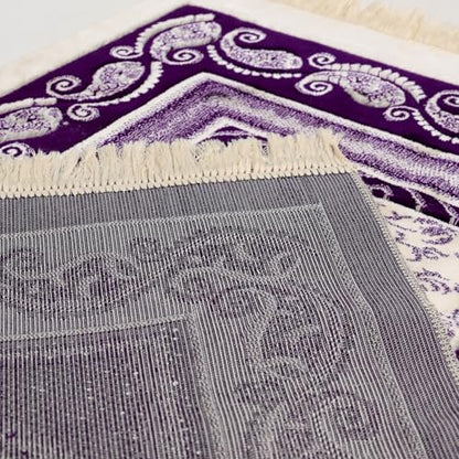 Velvet Muslim Prayer Rug Set with 99 Beads - Purple | Luxury Velvet, Classic Paisley Border Design, Thick Cushioned Janamaz, Non-Slip Backing, Travel Friendly, 99 Tasbeeh Included - color: Purple