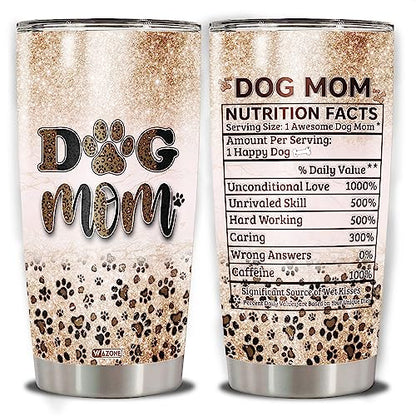 WAZONE Dog Mom Tumbler Cup Paw Print Leopard Nutrition Facts Travel Mug 20oz Stainless Steel Vacuum Insulated Gifts Ideas Birthday Mothers Day Christmas for Moms Women Dogs Lovers - color: Dog Mom