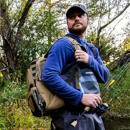 Piscifun Fishing Tackle Backpack with 2 Rod Holders, 4 Boxes & Rain Cover | Multi-pocket storage, fits 3600/3700 trays, bottle holder, padded straps for bank fishing - color: Khaki