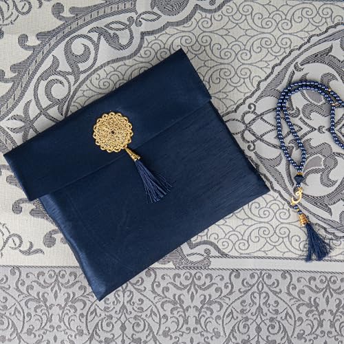 Modefa Islamic Prayer Mat Muslim Gifts - Thin Travel Muslim Prayer Rug in Taffeta Gift Bag with Tasbih Beads Prayer Matt Islam - Chenille Turkish Praying Carpet - Ramadan Gifts (Navy) - color: Navy