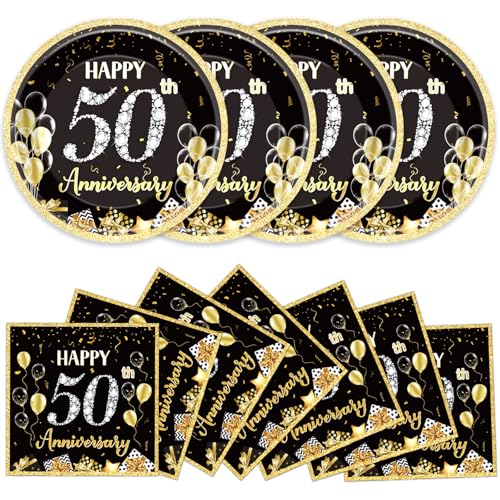 48Pcs 50th Anniversary Paper Plates Napkins Wedding Party Decorations Employee Career Retirements Party Supplies Black Gold Disposable Dinner Tableware Set for Birthday Anniversary Graduation Serve 24 - style: 50th Anniversary