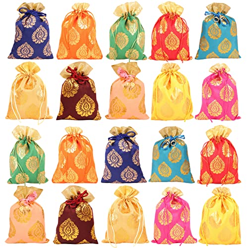 Touchstone Drawstring Bags Traditional Indian Handcrafted Fabric Perfect for Gifts Jewelry Weddings Pouches Purses Potli - color: 무화과나무 잎_멀티컬러 (20개 팩), size: 7x5 inches